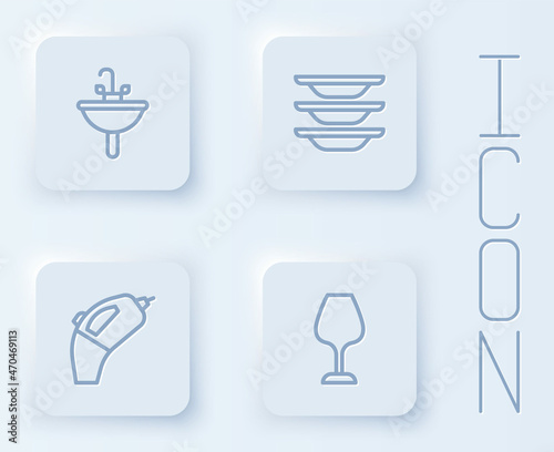 Set line Washbasin, Washing dishes, Portable vacuum cleaner and Wine glass. White square button. Vector