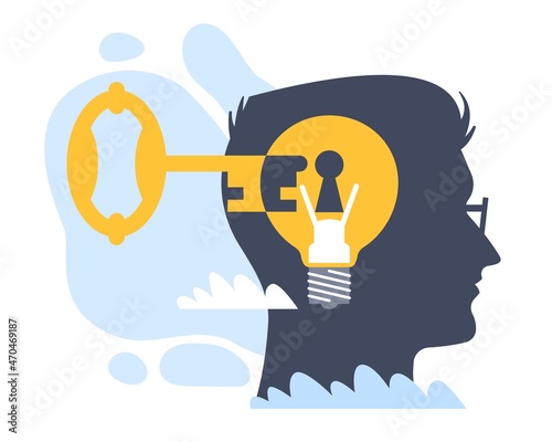 Access to ideas. Key opening mans head. Silhouette male profile and light bulb with keyhole. Stealing secrets and solutions. Intellectual property. Mind opportunities. Vector concept