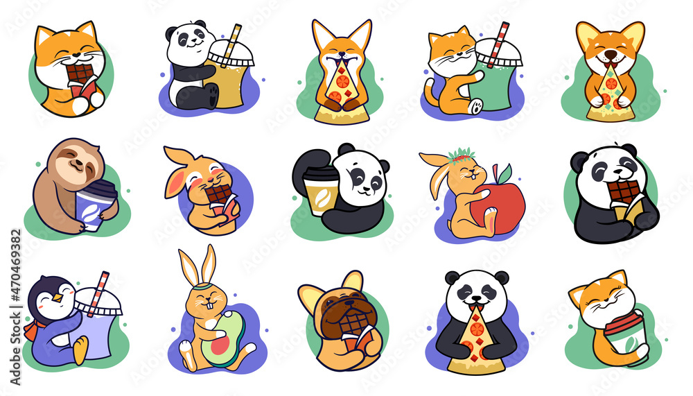 Fototapeta premium The set of stickers animals hugging food. The cartoon sloth, bunny, fox, cat, panda, dog love eating and drinking is good for logo designs. The big collection is in a vector illustration