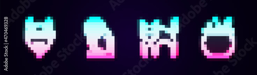 Set line Devil head, Owl bird, Black cat and Halloween witch cauldron. Glowing neon icon. Vector