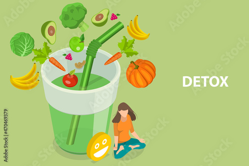 3D Isometric Flat Vector Conceptual Illustration of Full Body Detox, Natural Green Detox Juice