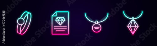 Set line Diamond engagement ring, Certificate of the diamond, Locket necklace and Pendant. Glowing neon icon. Vector