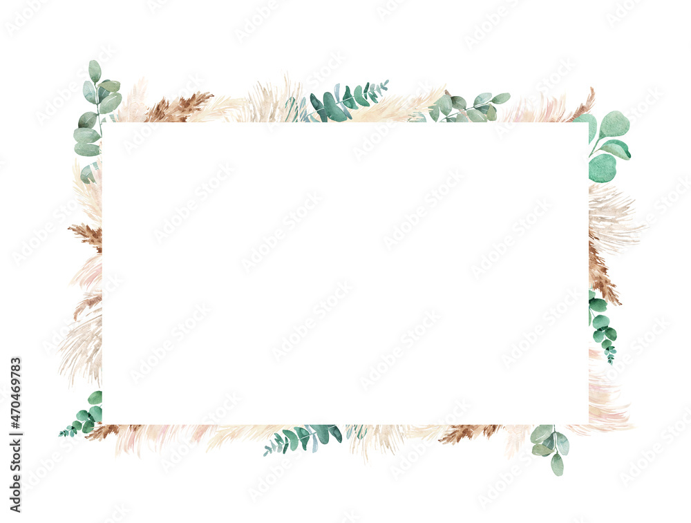 Watercolor pampas grass and eucalyptus  set. Hand painted boho floral neutral colors, sage green border, frame. Botanical elements isolated on white. Bohemian style wedding invitation, greeting, card