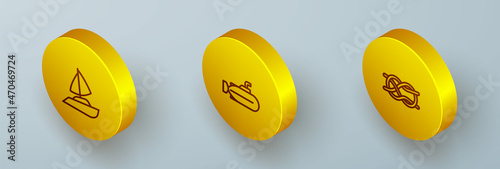 Set Isometric line Yacht sailboat, Submarine and Nautical rope knots icon. Vector