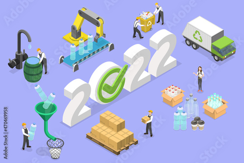 3D Isometric Flat Vector Conceptual Illustration of New Year And Plastics Recycling, Reducing Pollution and Waste, Saving the Earth