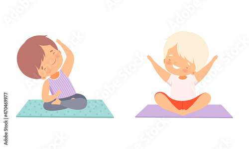 Cute Boy Doing Yoga Standing in Asana on Mat Vector Set