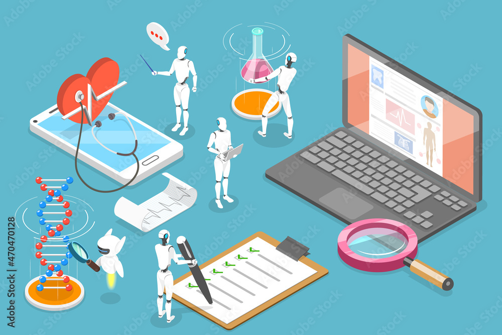 3D Isometric Flat Vector Conceptual Illustration of AI In Healthcare, Hi-tech Innovative Technologies 3D Isometric Flat Vector Conceptual Illustration of AI In Healthcare, Hi-tech Innovative Technologies