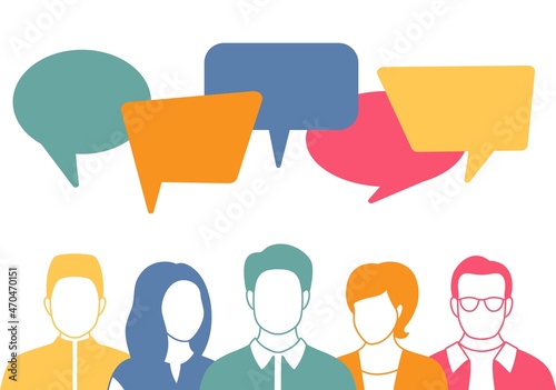 People avatars with speech bubbles. Men and woman communication, talking llustration. Coworkers, team, thinking, question, idea, brainstorm concept.