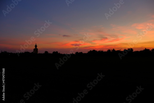 The sunset over the rice fields in Ang Thong Province