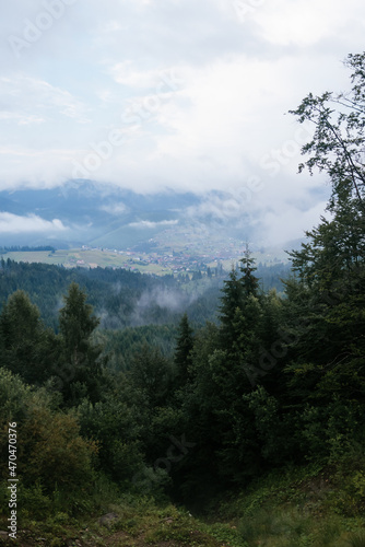 View from hill with forest meadow on town and mist in valley