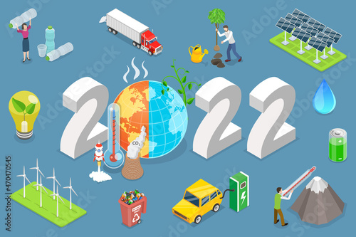 3D Isometric Flat Vector Conceptual Illustration of New Year And Climate Change, Greenhouse Effect Preventing