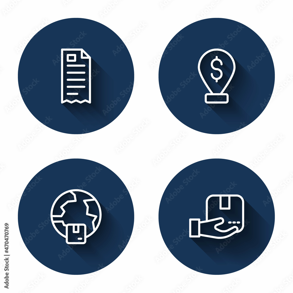 Set line Financial check, Cash location pin, Worldwide shipping and Delivery hand with box with long shadow. Blue circle button. Vector Set line Financial check, Cash location pin, Worldwide shipping and Delivery hand with box with long shadow. Blue circle button. Vector