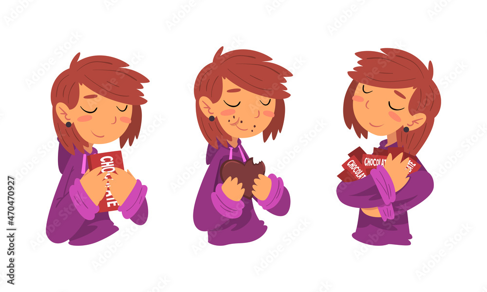 Young Girl Greedily Eating Bar of Chocolate Vector Set Young Girl Greedily Eating Bar of Chocolate Vector Set