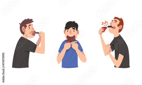 Young Guy Greedily Eating Bar of Chocolate Vector Set