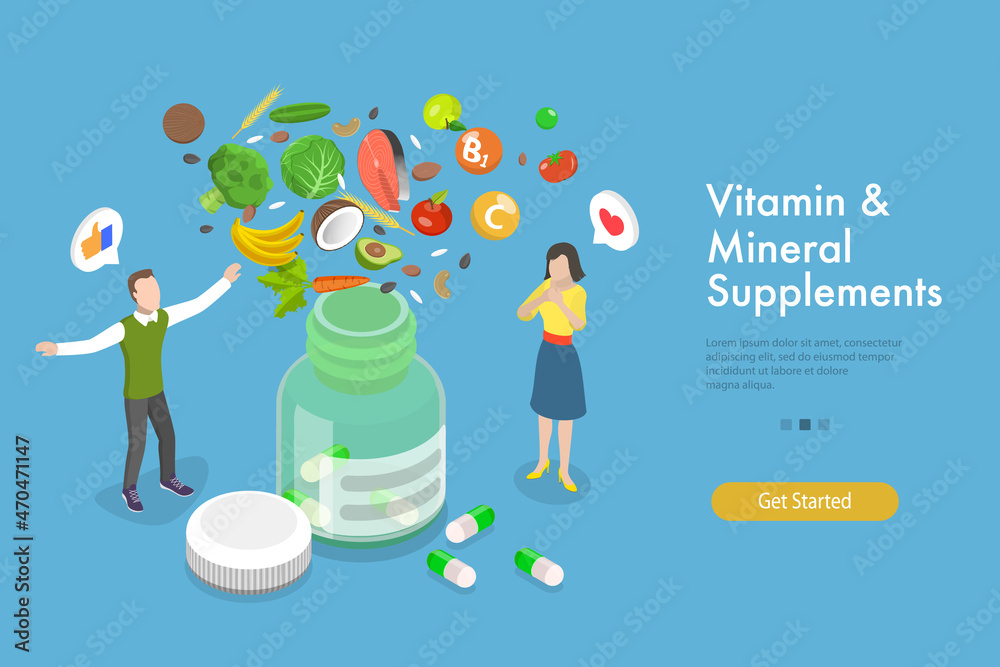Fototapeta premium 3D Isometric Flat Vector Conceptual Illustration of Vitamin And Mineral Supplements, Healthy and Balanced Diet
