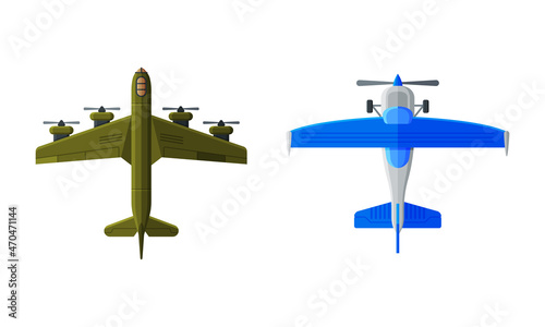 Flying Aircraft with Jet Engine View from Above Vector Set