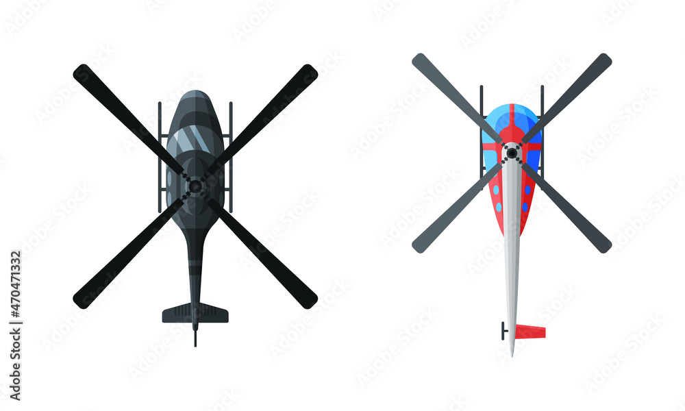 Flying Aircraft with Jet Engine and Propeller View from Above Vector Set Flying Aircraft with Jet Engine and Propeller View from Above Vector Set