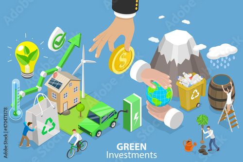 3D Isometric Flat Vector Conceptual Illustration of Green Investments, Alternative and Ecological Clean Power