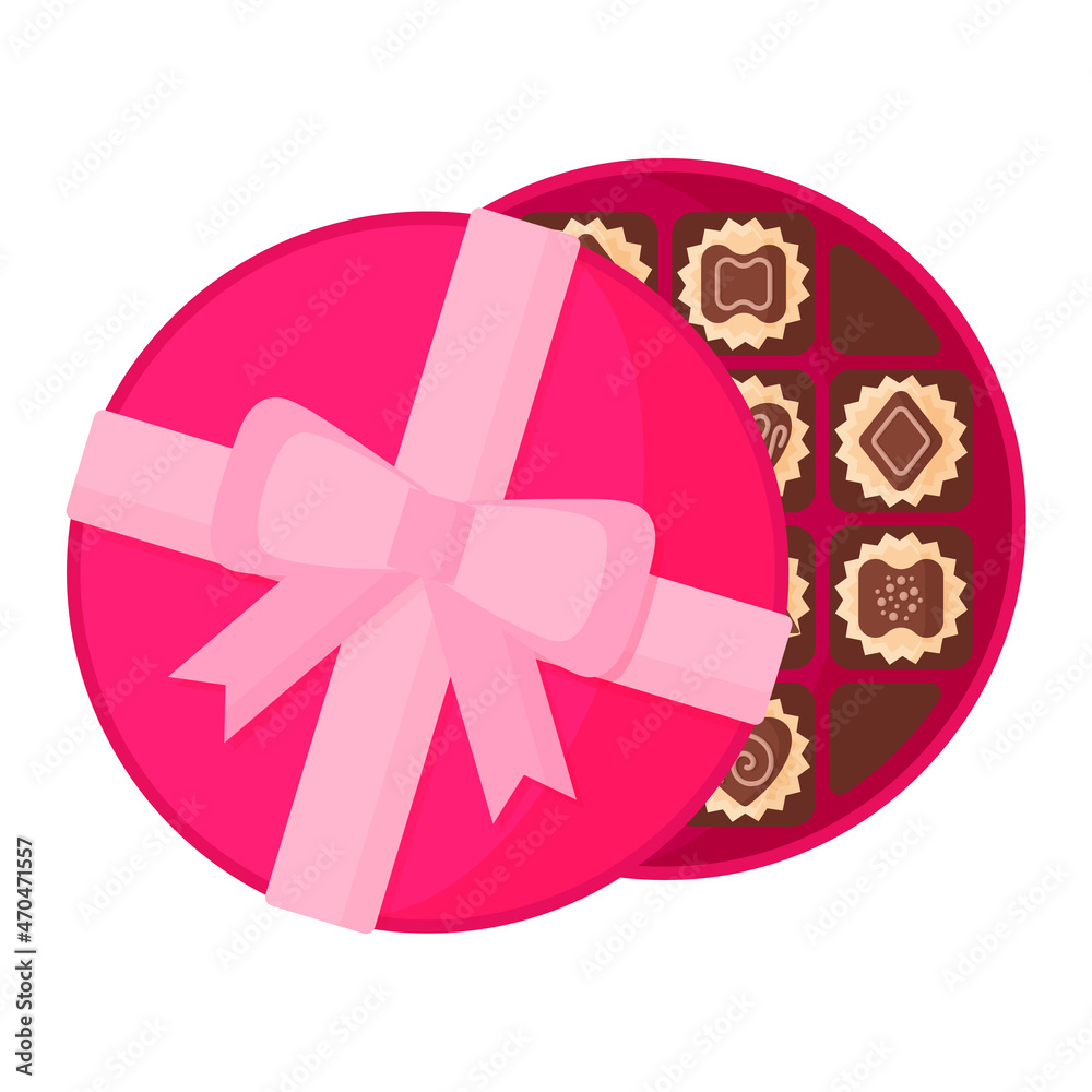 Open round pink box of chocolate dessert or candy with icing Open round pink box of chocolate dessert or candy with icing