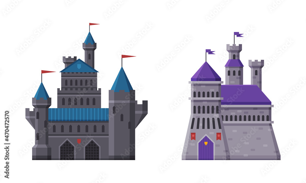 Medieval Castle with Tall Stone Tower and Flag on Top Roof Vector Set