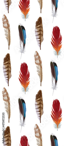 Seamless pattern with feathers. Hand-drawn illustration, colored © Victoria Novak