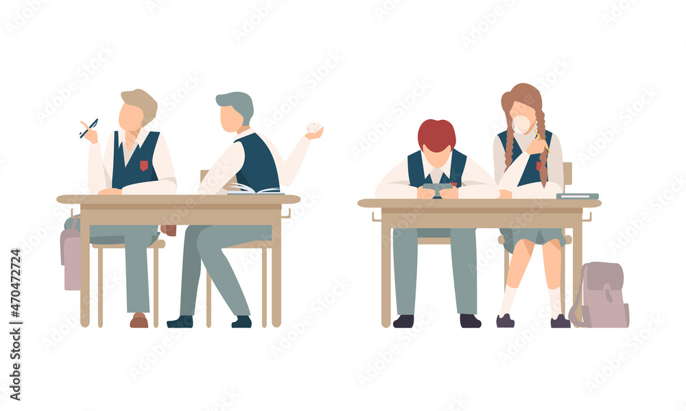 Bored Boy and Girl Pupil or Student Sitting at Desk Chewing Gum and Throwing Paper at Lesson Vector Set