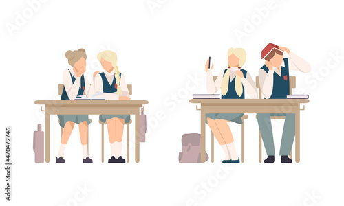 Bored Boy and Girl Pupil or Student Sitting at Desk Talking and Taking Selfie at Lesson Vector Set