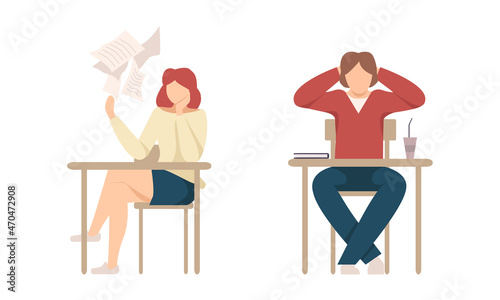 Young Man and Woman Pupil or Student Sitting at Desk Throwing Paper and Drinking Coffee at Lesson Vector Set