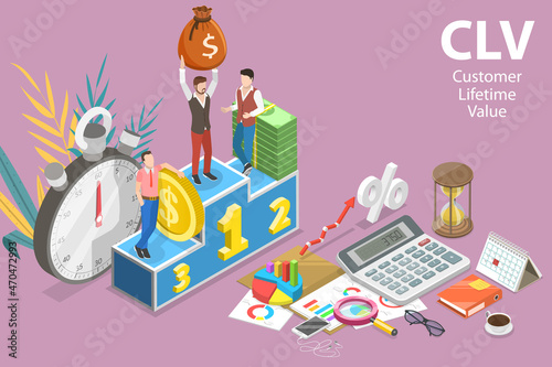 3D Isometric Flat Vector Conceptual Illustration of CLV - Customer Lifetime Value, Revenue Growth Forecasting