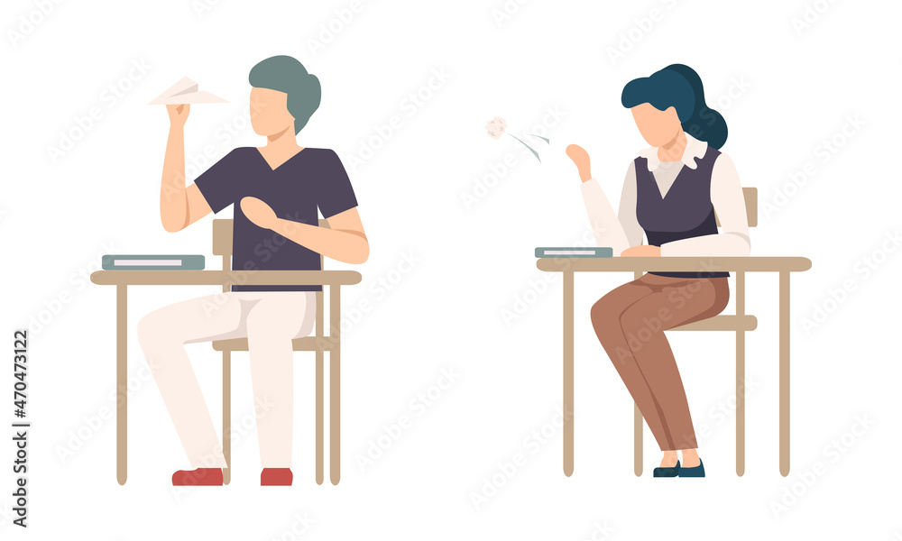 Bored Boy and Girl Pupil or Student Sitting at Desk Flying Paper Plane and Throwing Paper at Lesson Vector Set