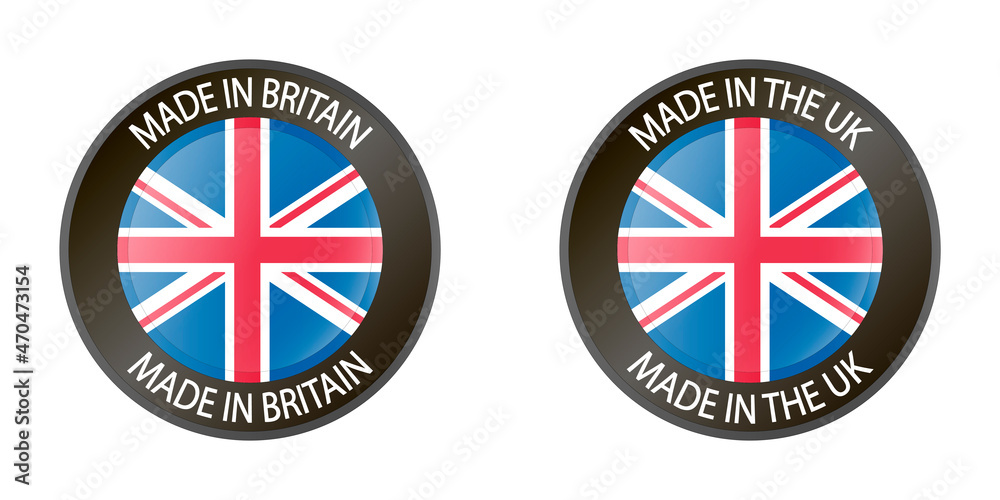 Made in the UK 3d button. Round label with British flag. High quality product mark. Glossy sticker. Round icon. Badge. Product of Britain. Manufactured in Europe. United Kingdom
