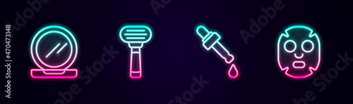 Set line Makeup powder with mirror, Shaving razor, Pipette oil and Facial cosmetic mask. Glowing neon icon. Vector