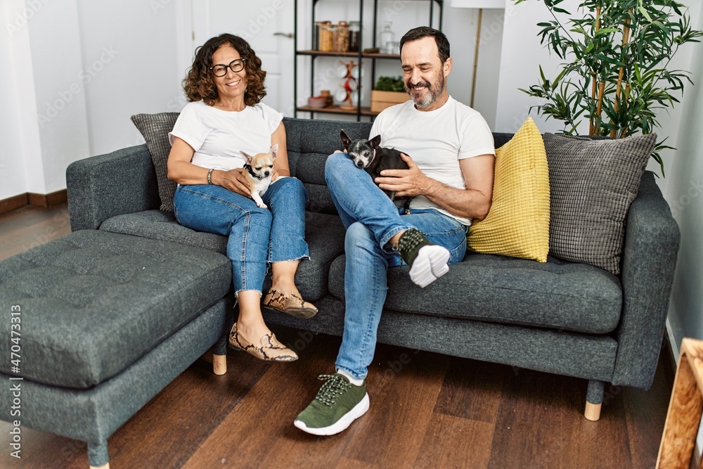 Middle age hispanic couple smiling happy sitting on the sofa with dogs at home. Middle age hispanic couple smiling happy sitting on the sofa with dogs at home.