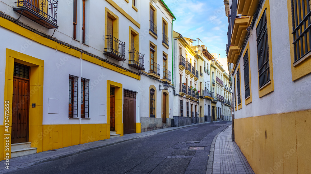 Picturesque street with typical houses in the Andalusian city of Cordoba Spain.