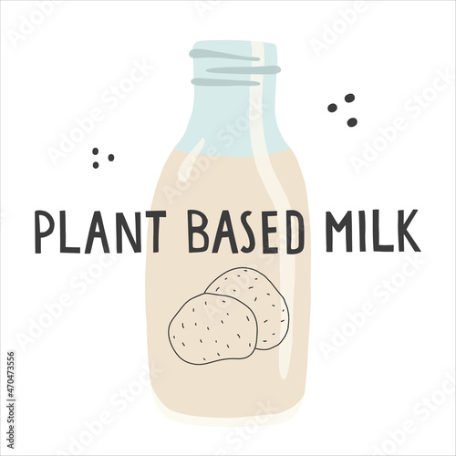 Plant based potato milk glass with tube and lettering. Vegan drink