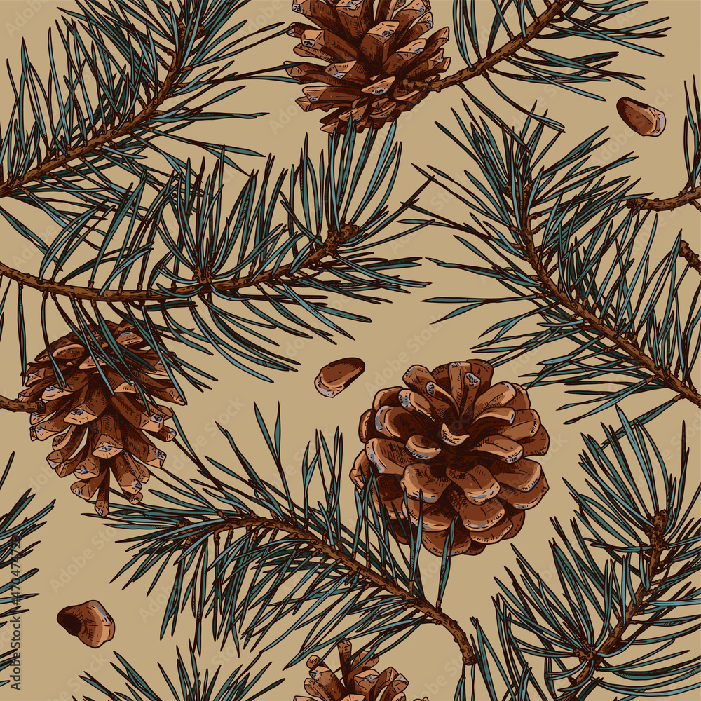Naklejka premium Seamless ornament with cones and pine branches. Christmas pattern.
