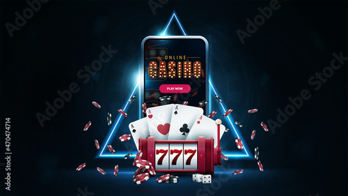 Online casino, banner with smartphone, red slot machine, poker chips, playing cards in dark scene with blue neon triangle border on background