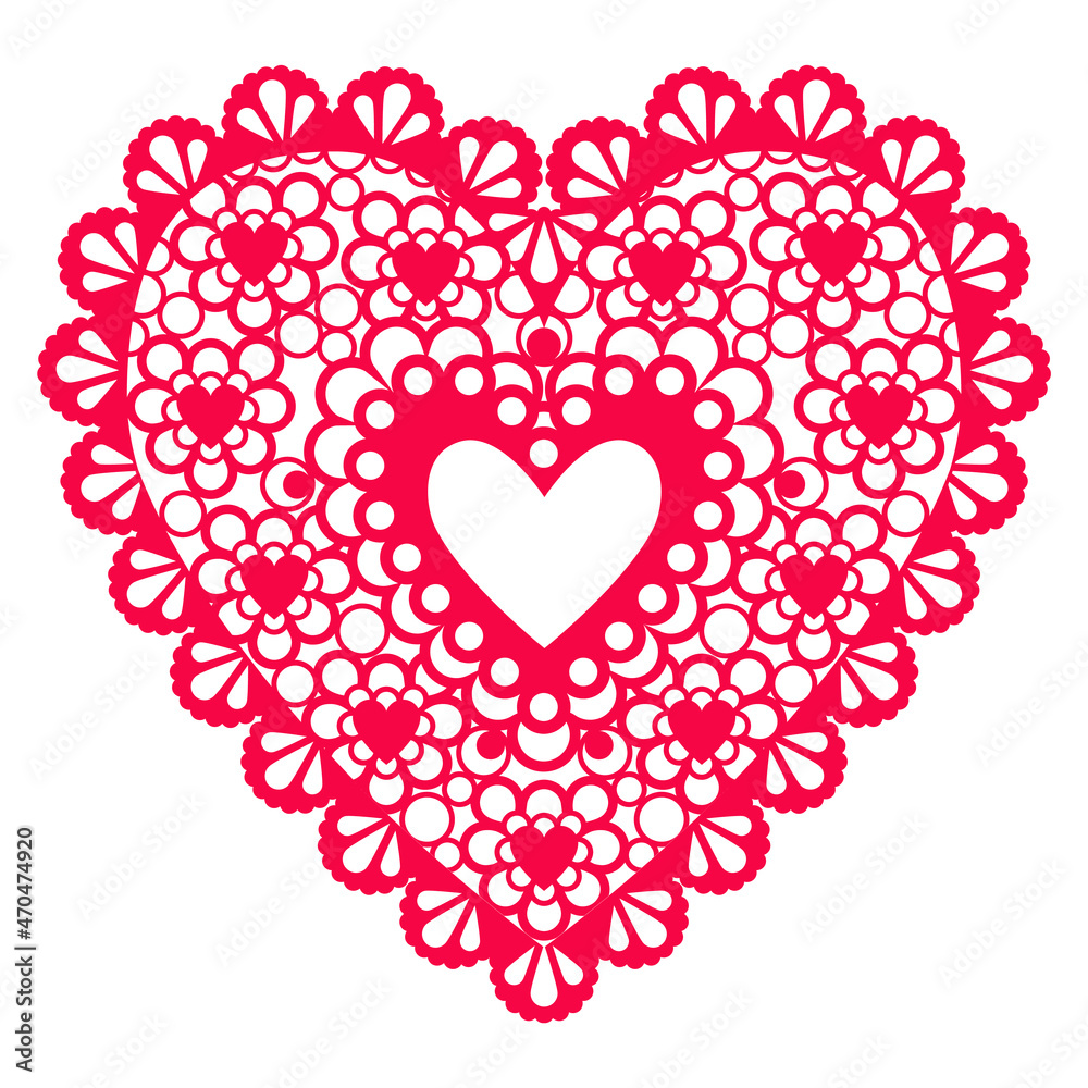 Red lace ornament heart. Vector flat isolated illustration. - obrazy, fototapety, plakaty 