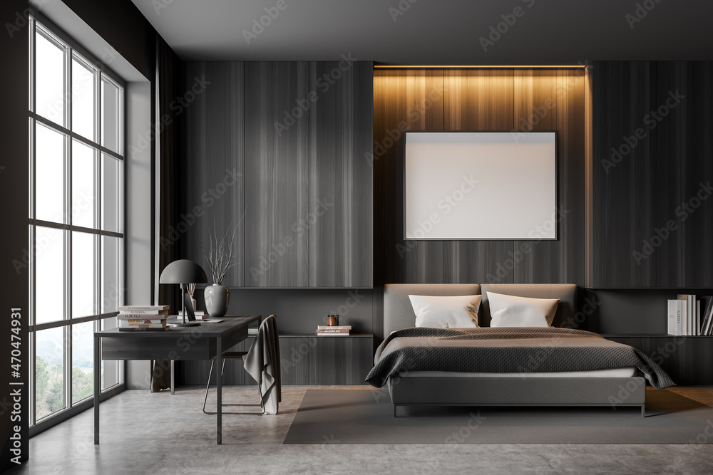 Wall mockup in wood and grey bedroom with home office desk Wall mockup in wood and grey bedroom with home office desk