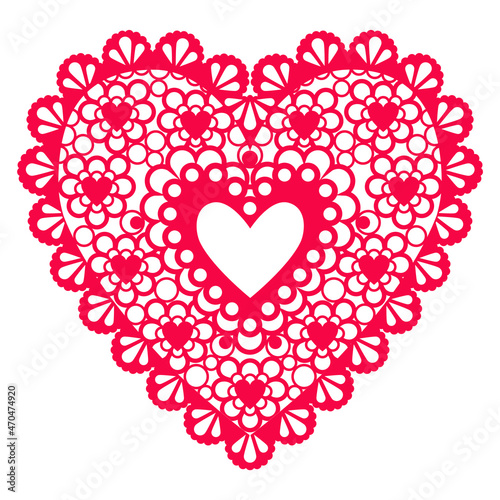Red lace ornament heart. Vector flat isolated illustration.