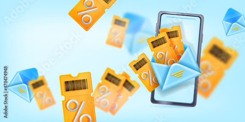 3D discount coupon sale voucher vector banner, flying lucky bonus ticket shopping offer background. E-commerce cash back customer loyalty program special reward present. 3D coupon falling benefit card