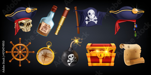 Pirate vector game icon set, cartoon corsair treasure object kit, wooden wheel, chest, jolly roger. Vintage Caribbean object, golden compass, spying glass, UI slot casino badge. Pirate icon collection