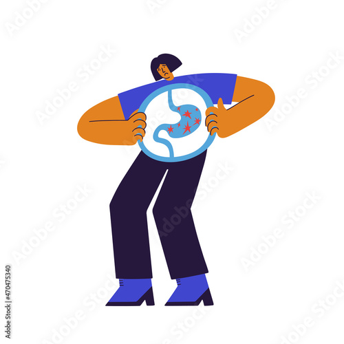 Sick woman looking at her painful stomach through x-ray. Causes of appendicitis. Suffering from stomachache. Inflammation disease. Chronic gastritis. Female Health and Healthcare Concept. Abdomina