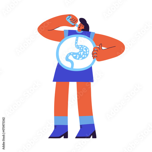 Girl drinking yogurt with probiotics bacteria in the gut. Probiotic through magnifying glass in flat style. Prebiotic, lactobacillus vector in yogurt. Dairy contains lactobacillus bacteria. - Vector 