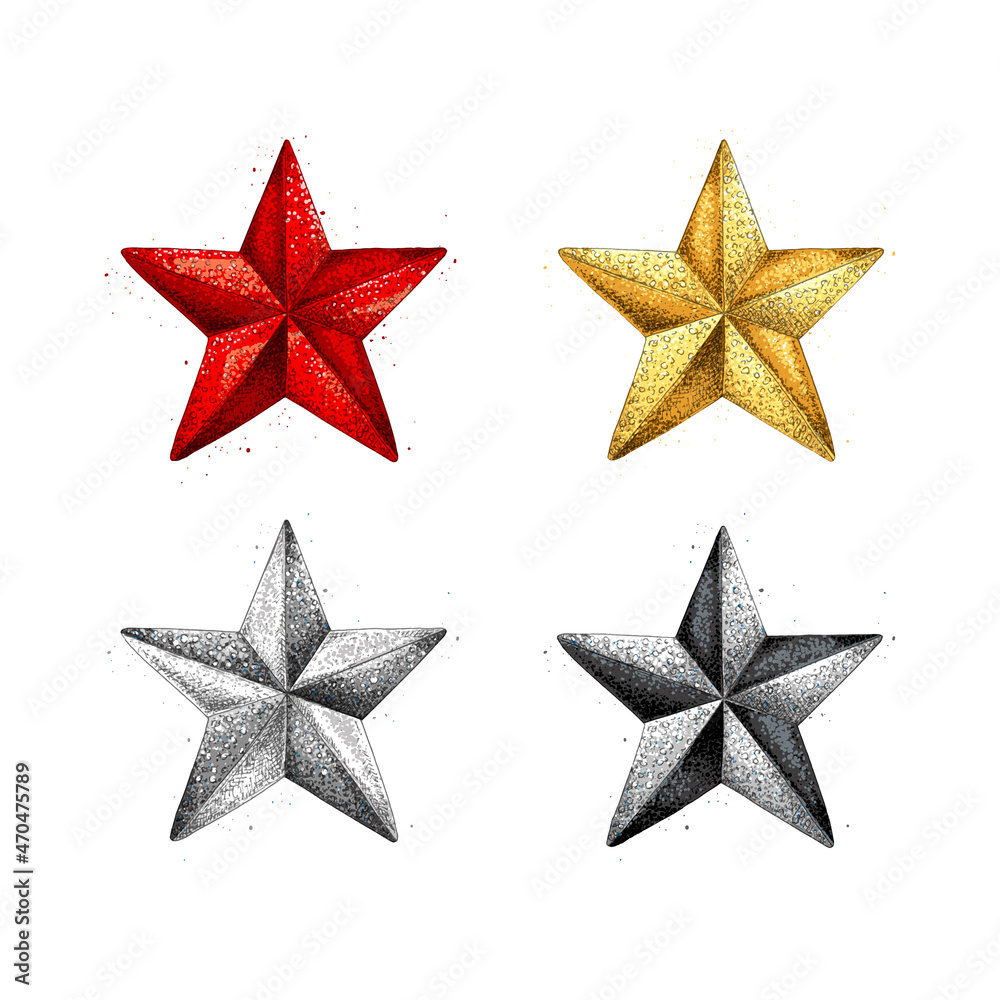 Four shiny stars: red, gold, silver, black. Vector Christmas and New Year holiday elements. Four shiny stars: red, gold, silver, black. Vector Christmas and New Year holiday elements.