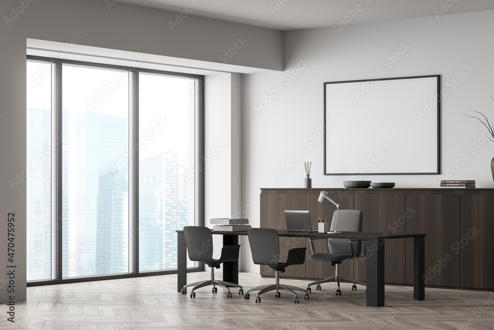 Light business manager room interior with furniture and window. Mockup poster Light business manager room interior with furniture and window. Mockup poster