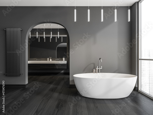 Grey bathroom spaces with archway