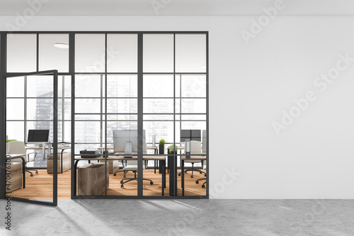 Business room interior with armchairs and computers on parquet floor, mockup