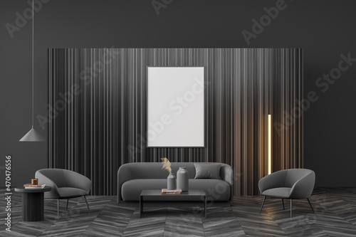 Dark guest room interior with armchairs and sofa, mockup poster © ImageFlow