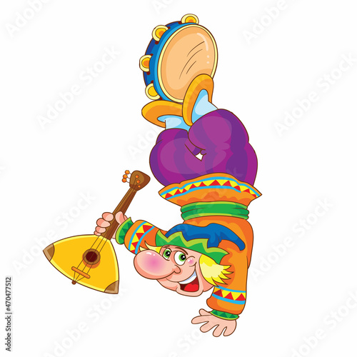 buffoon entertains the audience, stands on one hand in the other hand holds a balalaika and taps a tambourine with his feet, cartoon illustration, isolated object on a white background, vector,